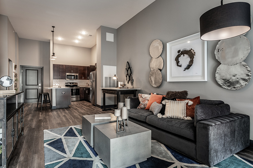 Luxurious living room at Spark Apartments.