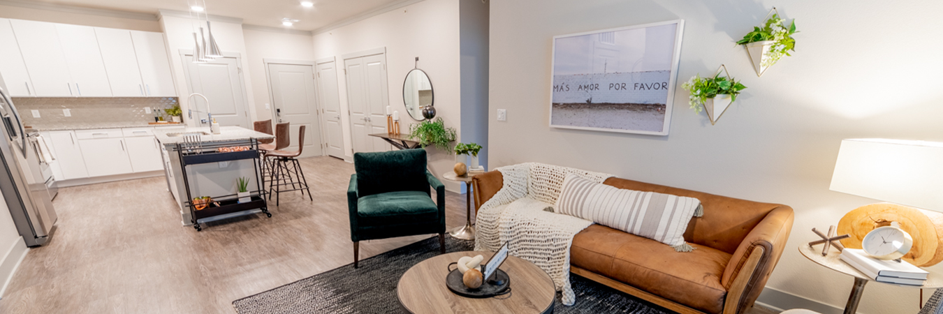 Open concept living room and kitchen in modern apartment.